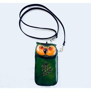 Handmade Tooled Leather Owl Phone Crossbody Bag - Green & Orange - Artisan Case